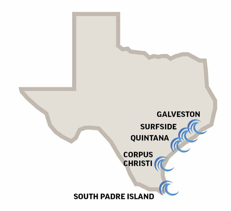 A map of surf-able destinations in Texas, highlighting Galveston, Surfside, Quintana, Corpus Christi and South Padre Island